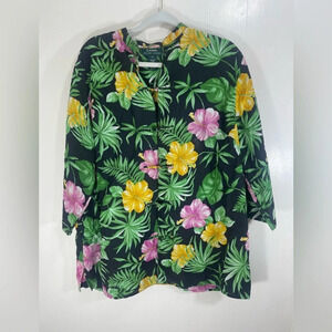 Lauren Ralph Lauren Linen Tropical Floral Tunic Top Button Toggle Knot Closure